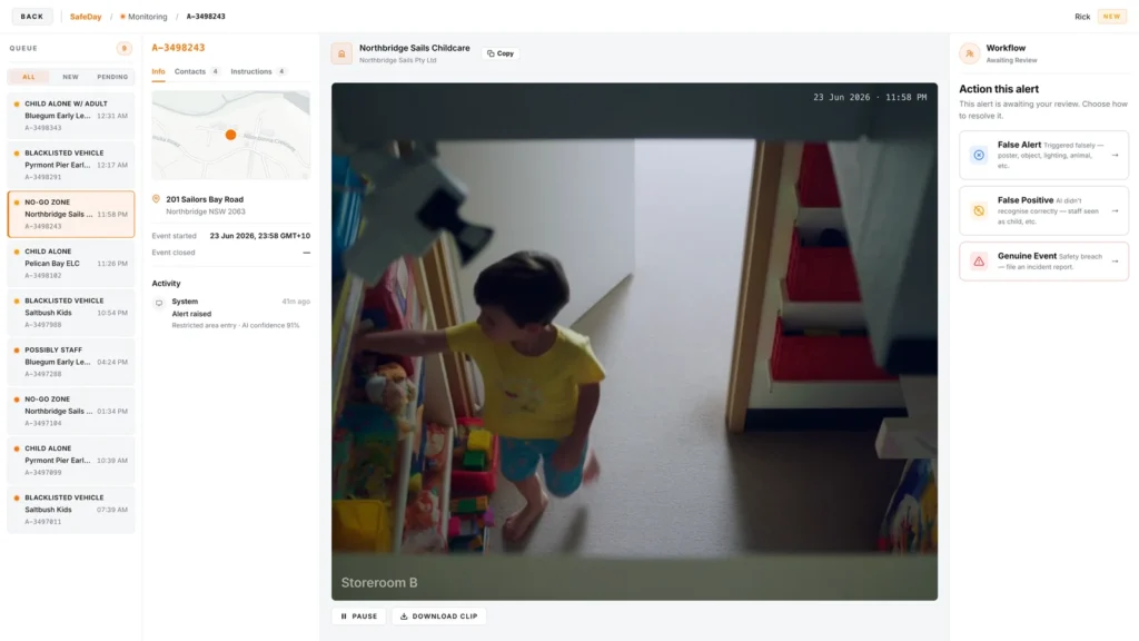 SafeDay portal alert review screen with camera clip, event details and false-alert workflow