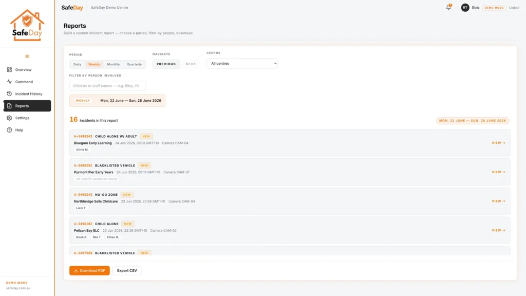 SafeDay portal reports screen building a weekly incident report with PDF and CSV export